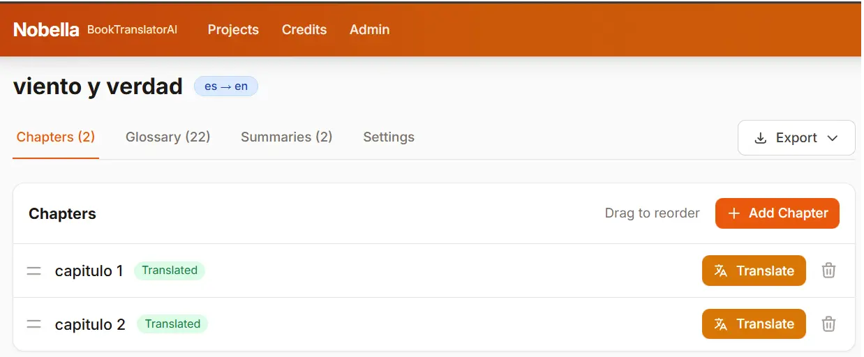 Book translate project dashboard